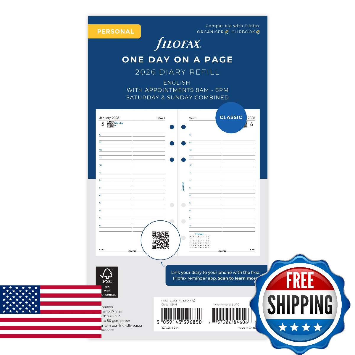 Filofax Personal day per page English appointments 2026 diary 26-68441