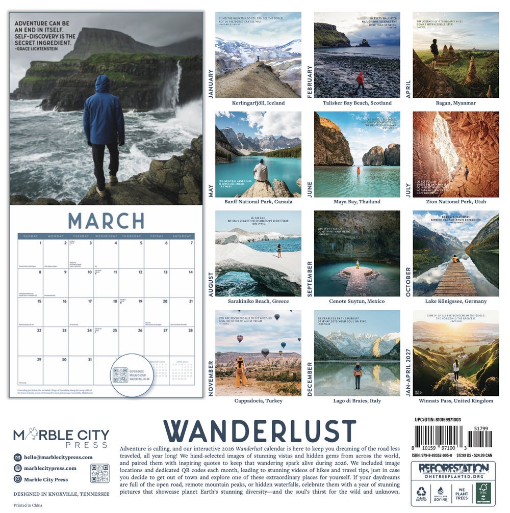 Wanderlust Calendar 2026 | 12″ x 24″ 12 Month Calendar | Marble City Press
