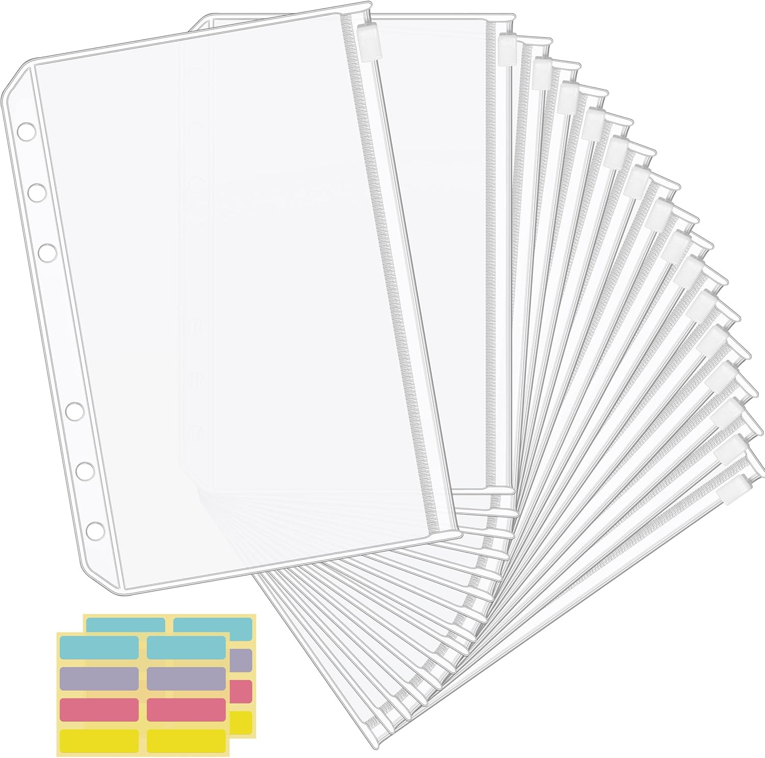 16PCS A6 Binder Pockets 6 Holes Cash Envelopes for Budgeting, Clear Zipper Pouch