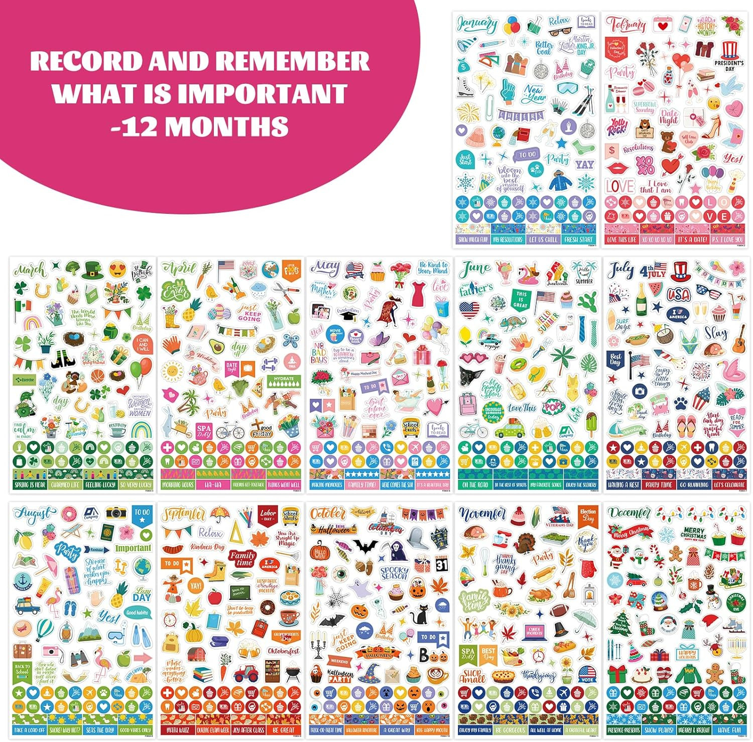 Planner Stickers – 12 Monthly Celebrations Planner Stickers, Daily Planners Acc