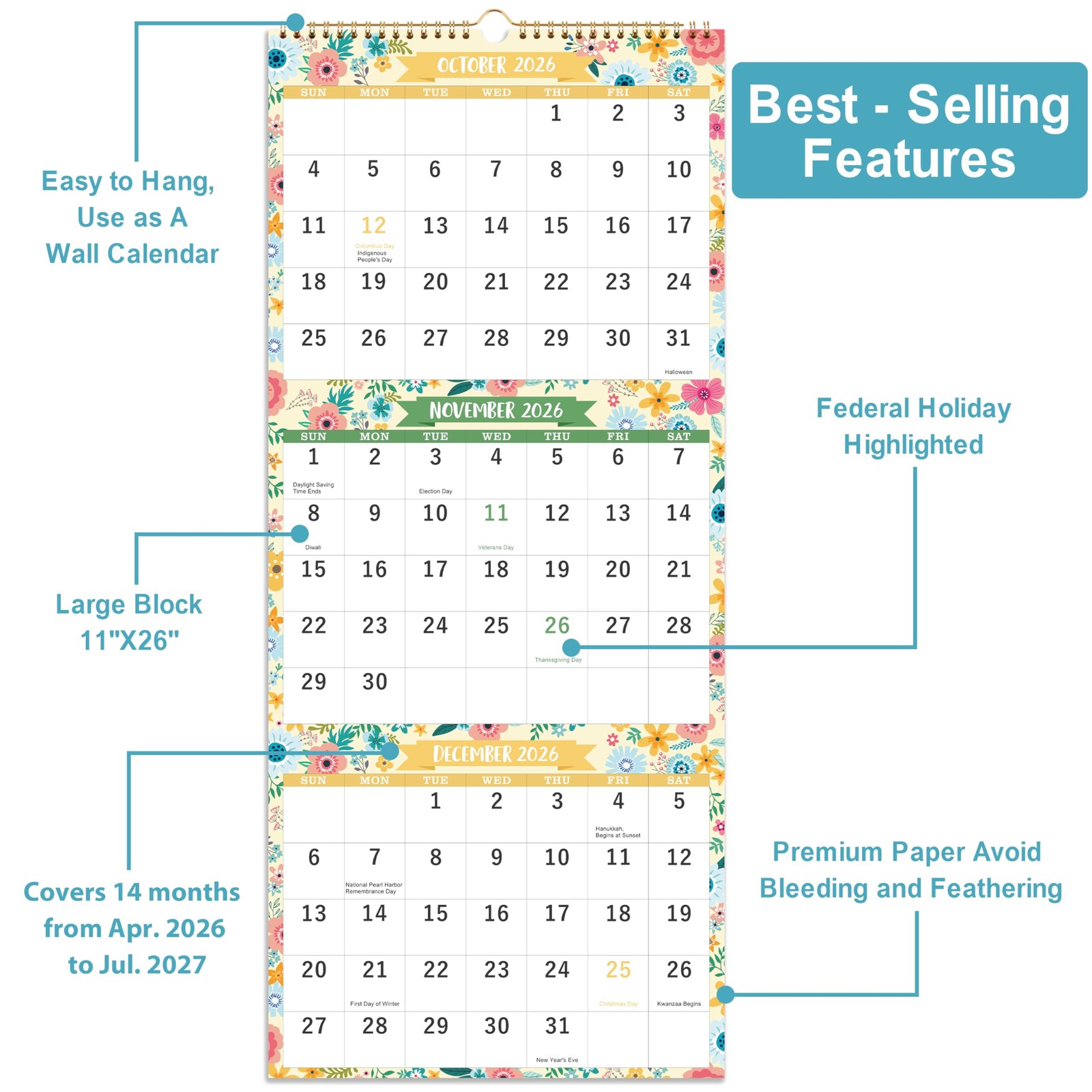 Calendar 2026-2027 – MAY 2026 – JUNE 2027, 3 Month Display Black