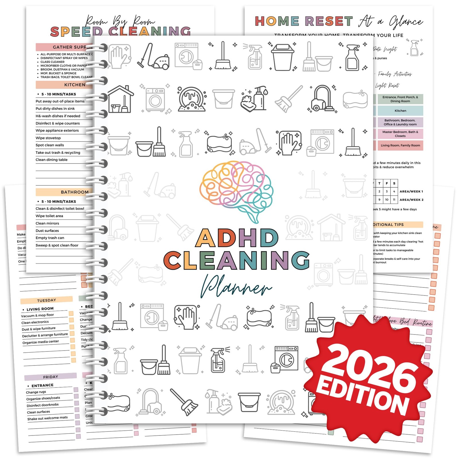 ADHD Cleaning Planner for Adults and Teens, Clean 1 Pack, Multi-colored