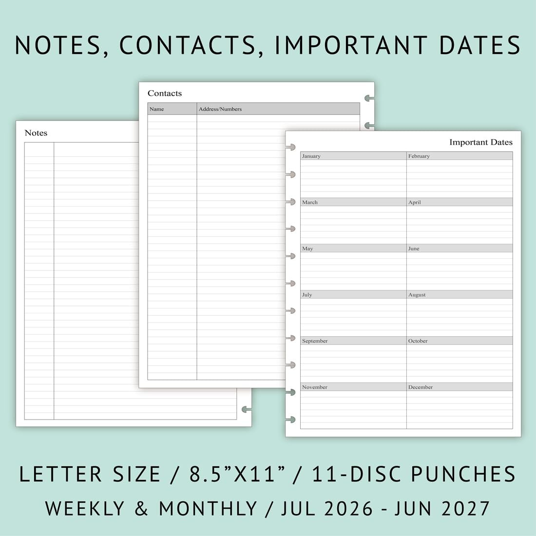2026-2027 Weekly Planner Refills for Letter Size – 8.5″x11″, White
