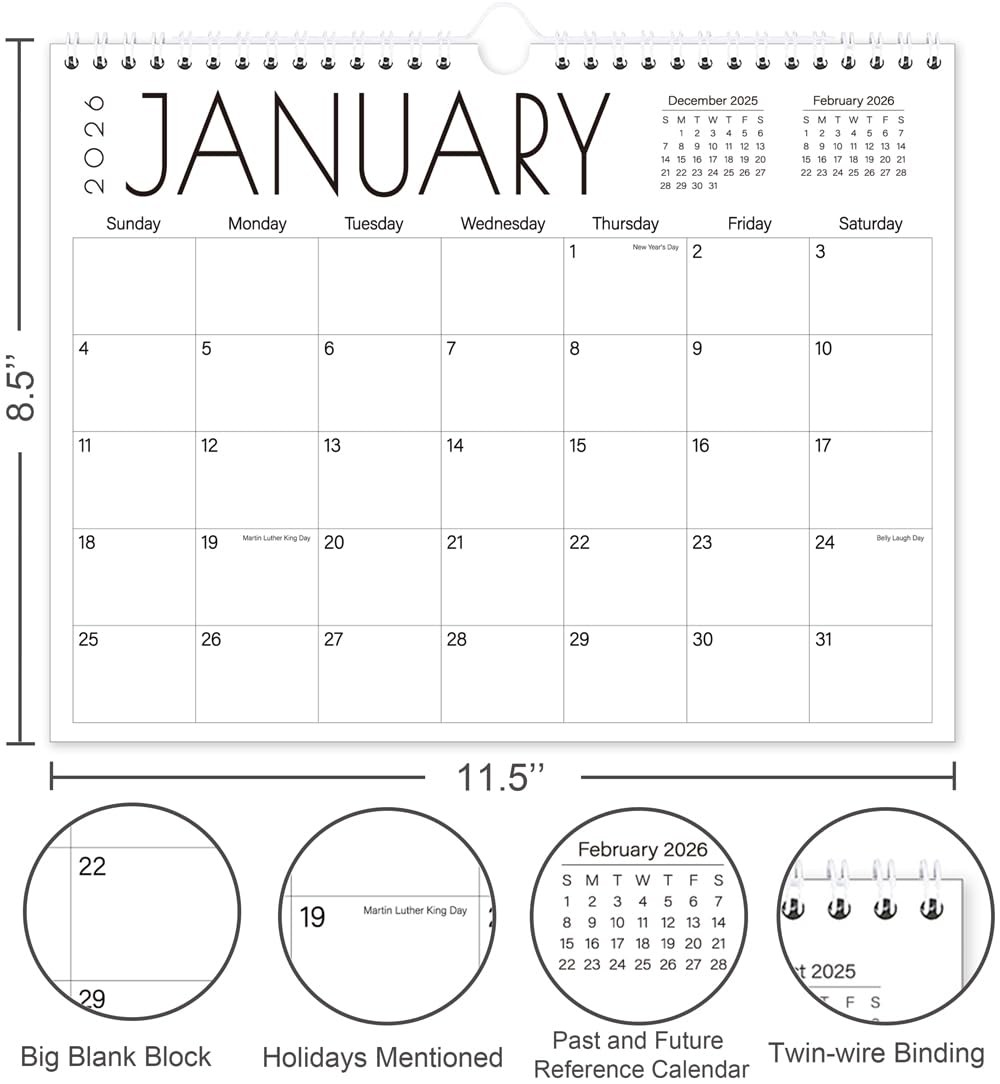 Calendar 2026-18 Months Wall from 8.5″ x 11″ wall, Black-Large-Word