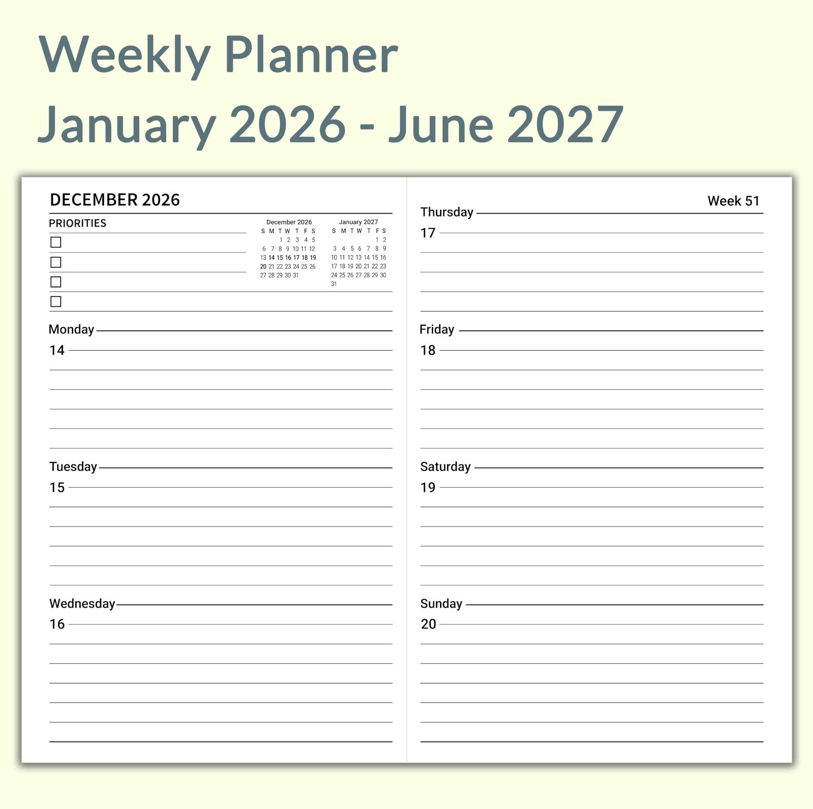 A5 Planner Inserts 2026-2027, Travel Notebook Calendar, Weekly & Monthly, 100gsm