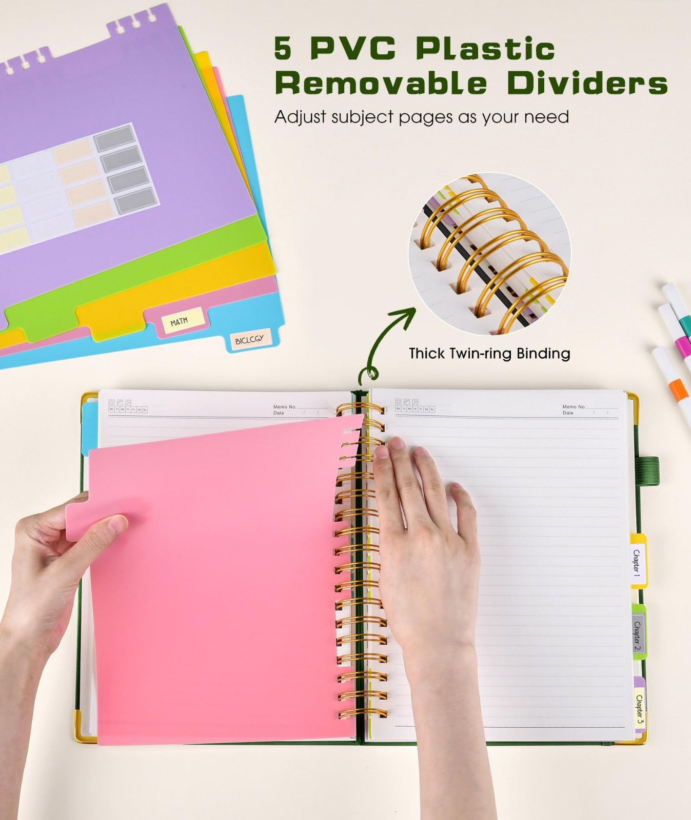 Large 5-Subject Hardcover Spiral Notebook with Removable Dividers, 300 Pages, Co