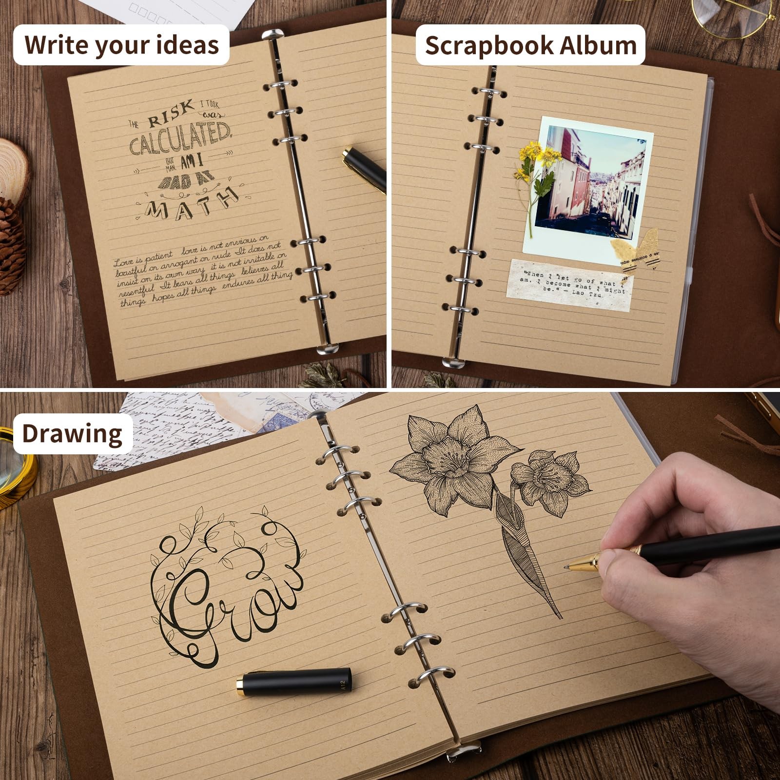 Billtigif PU Leather Journal Notebook, Refillable Travel A5(9.2″x6.5″), Brown