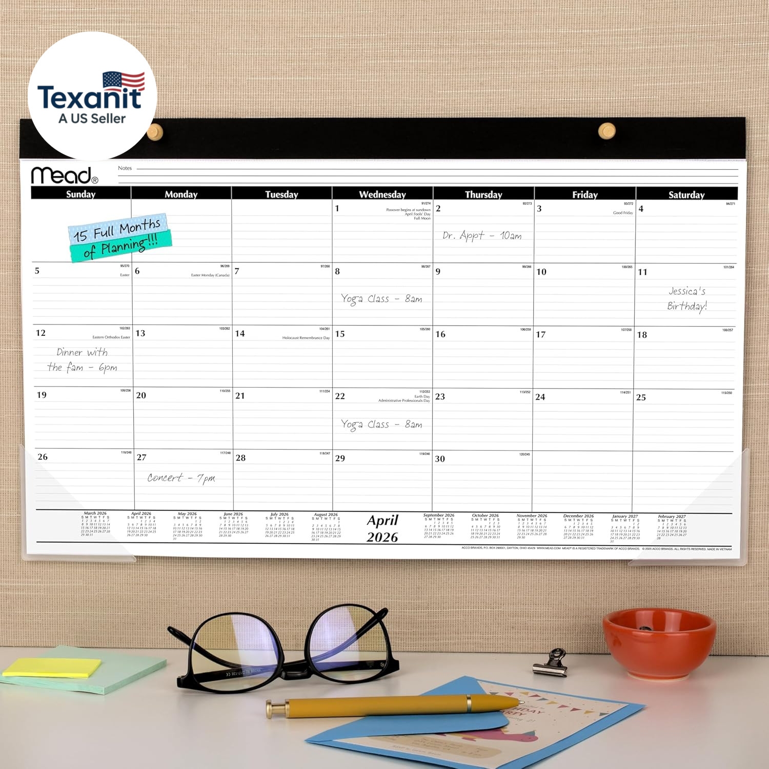 Desk Calendar 2026-2027 Planning Pad, Academic 15-Month April-June, Monthly, 17.