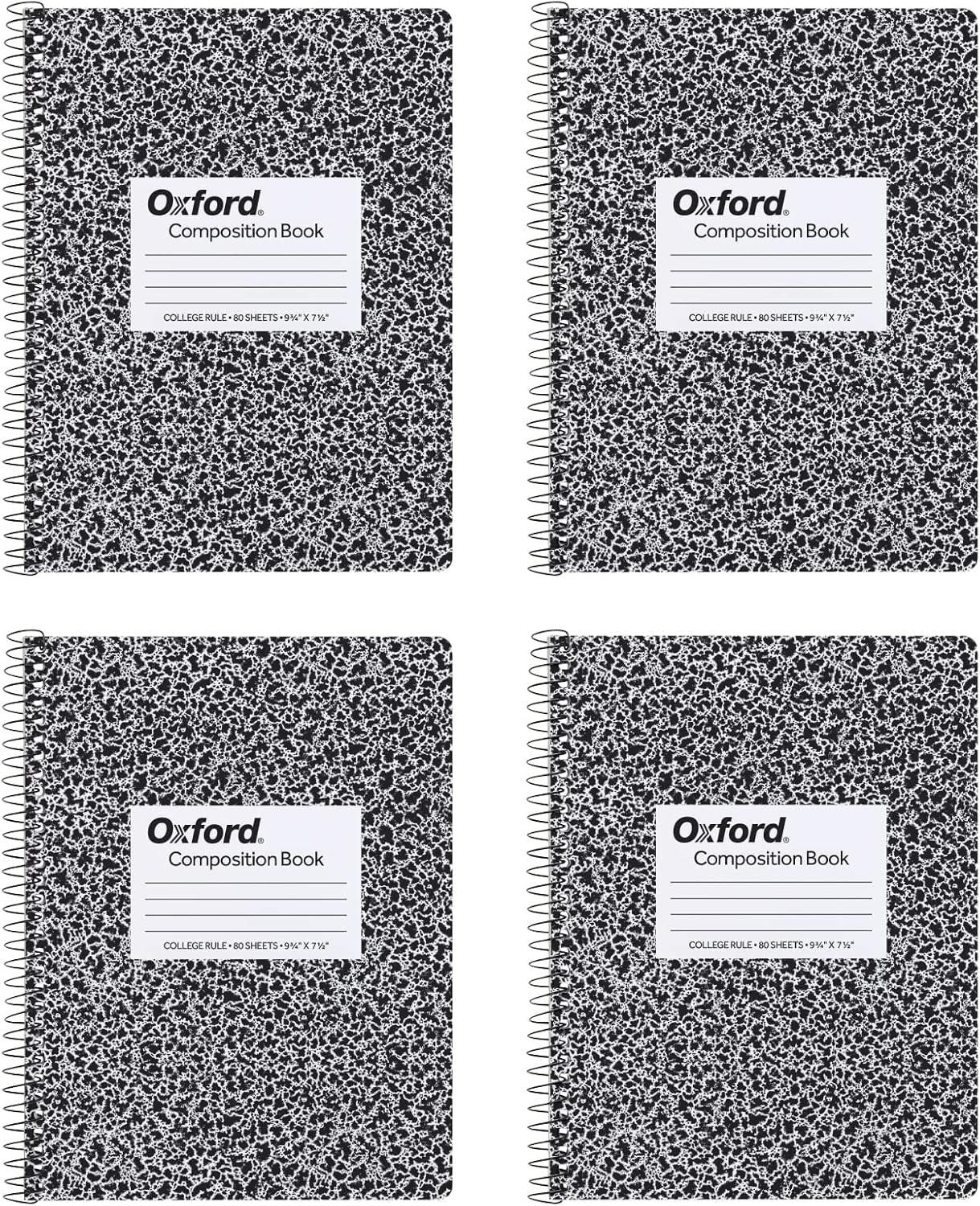 Oxford Spiral Composition Notebooks, 4 Pack, College Ruled Black Marble