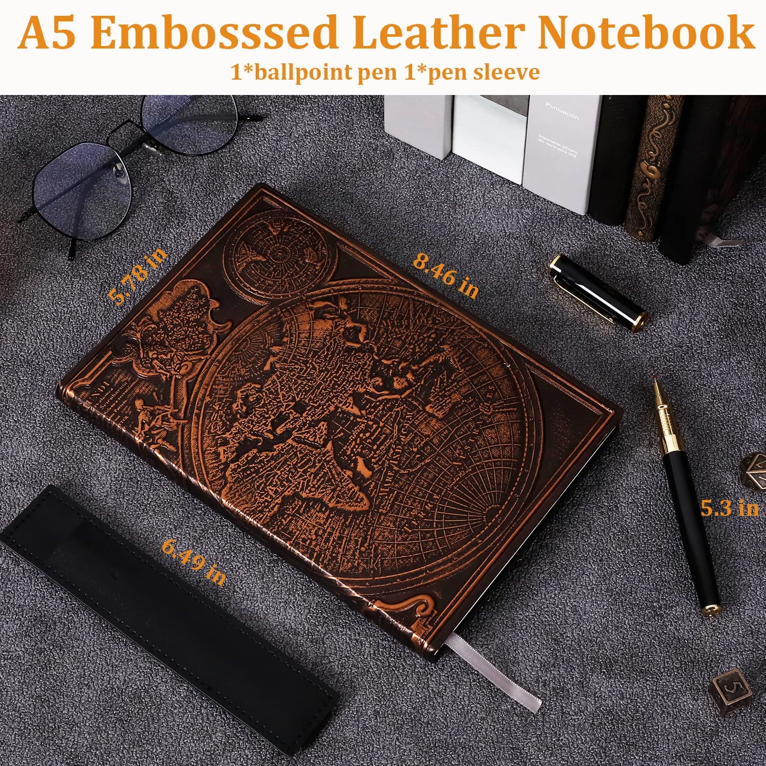 FEIDIAO Vintage Map Embossed Leather Notebook Travel red copper map