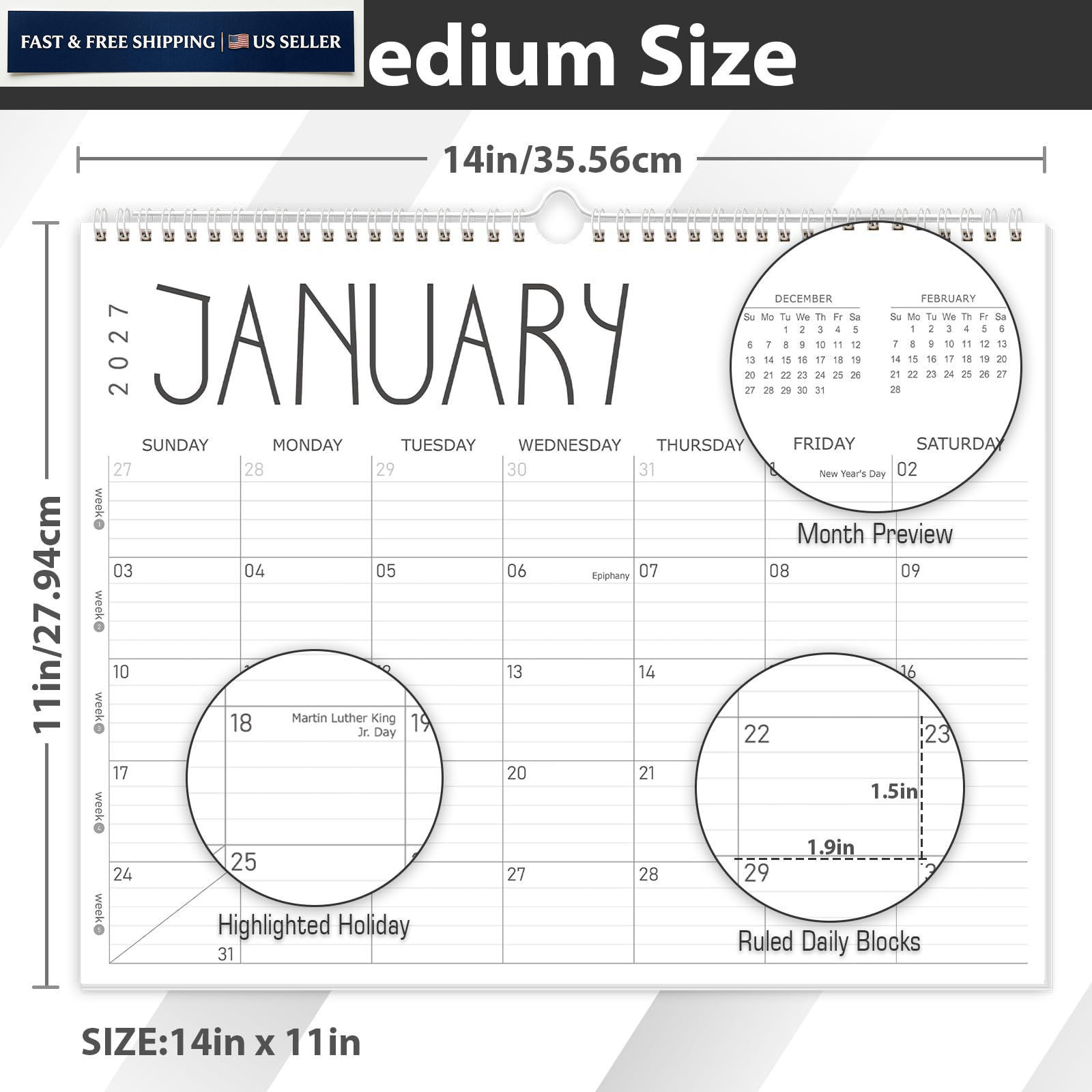 GuassLee Wall Calendar 2026, 2026-2027 14″x11″, Jun 12month