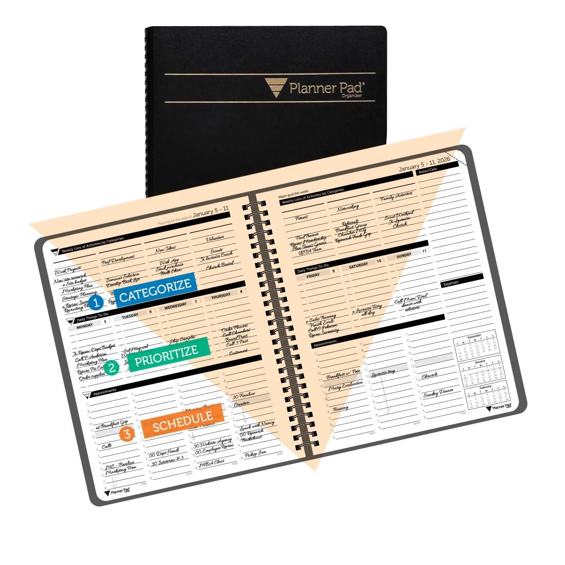 Planner Pad Spiral Bound January 2026 Start, Black Cover/Black Ink