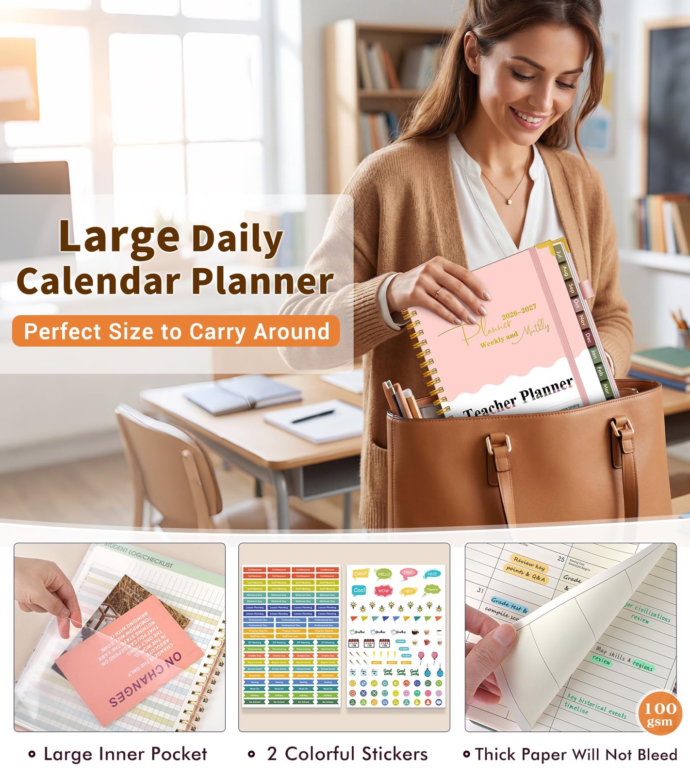 Teacher Planner 2026-2027, July 2026 – June 2027, Academic Weekly & A4, Pink
