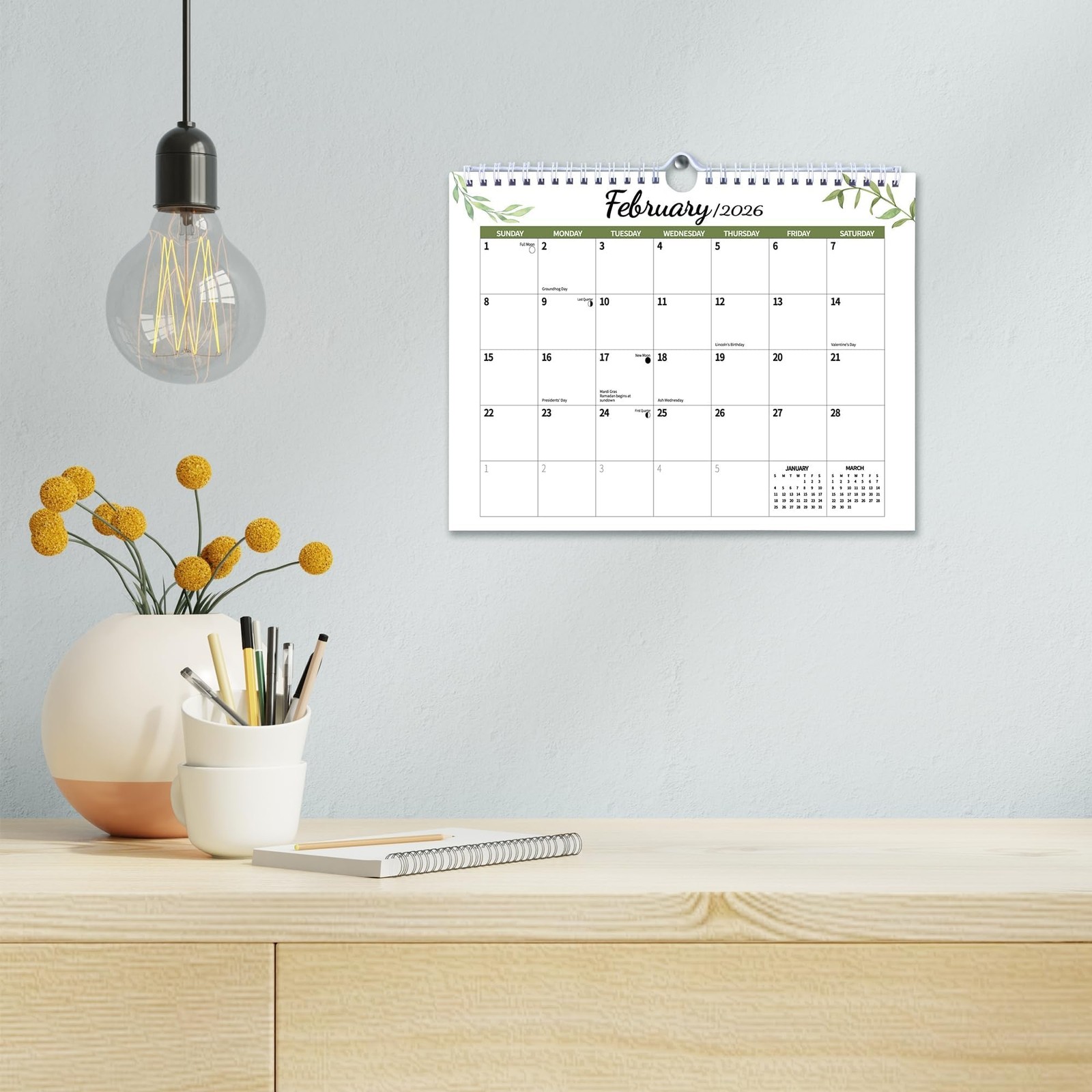 2026 Wall Calendar, Hanging Spiral Calendar 11″ x 8.5″, Leaves