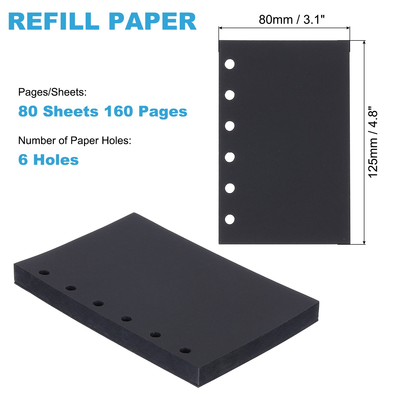 Refill Paper, Unlined Blank Kraft Paper 6 Rings for Book, 80 Sheets/160 Pages