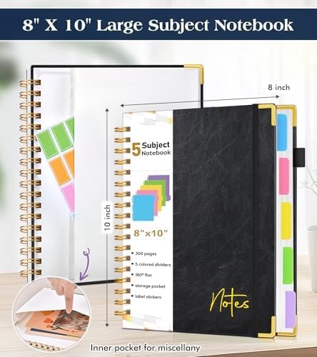 Spiral Notebook Journal with Removable Dividers Tabs, 300 Pages Hardcover Lea…