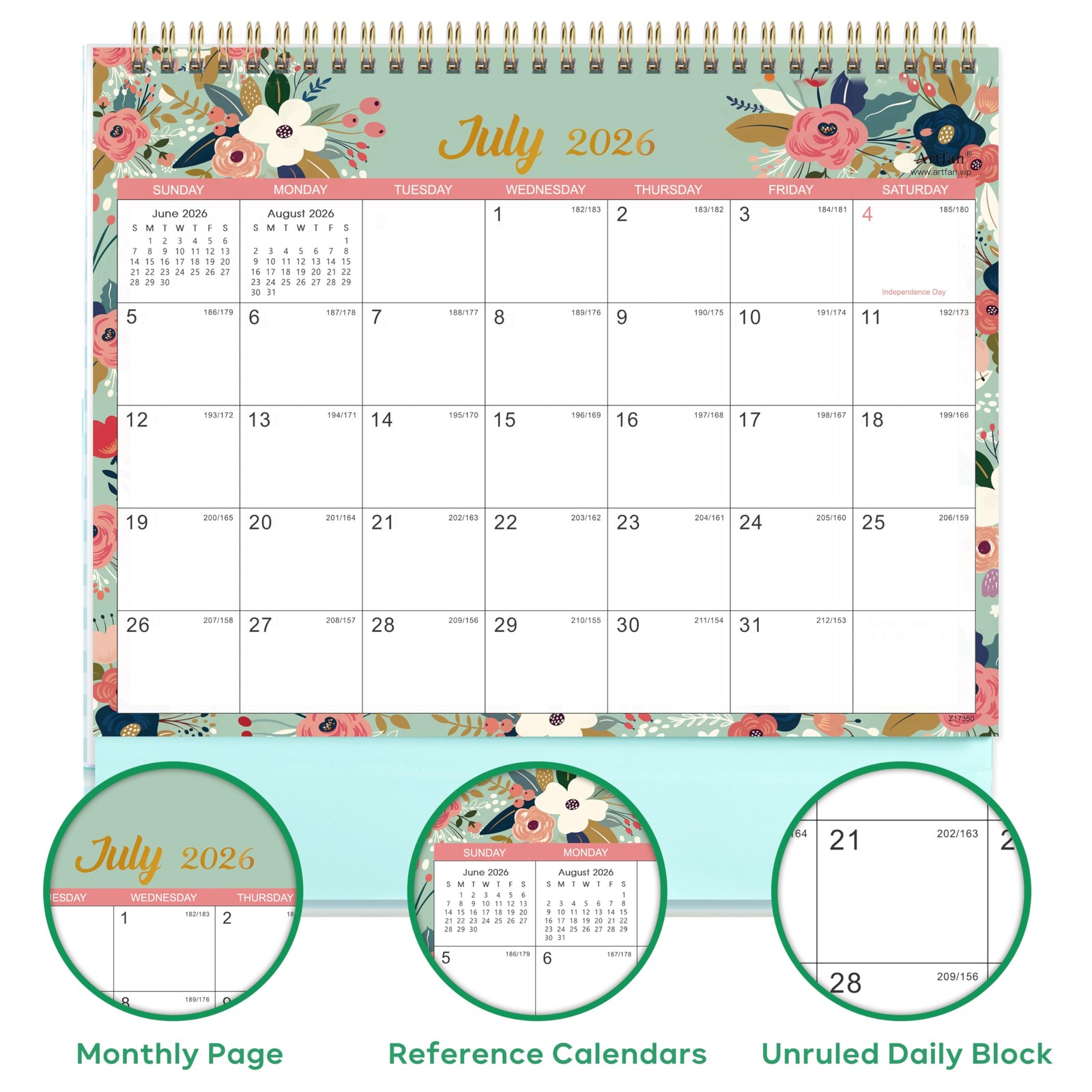 Desk Calendar 2026-2027 – Standing Flip Desktop with green