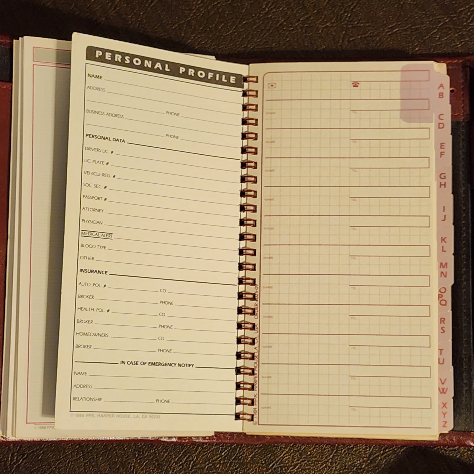 Vintage 1987 Harper House Genuine Leather Small Planner Agenda Burgundy w/ Pen