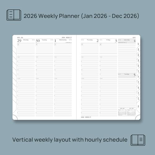 2026 Weekly Planner – Medium 6.5” x 8.5” Calendar with Hourly Slots, Leather C
