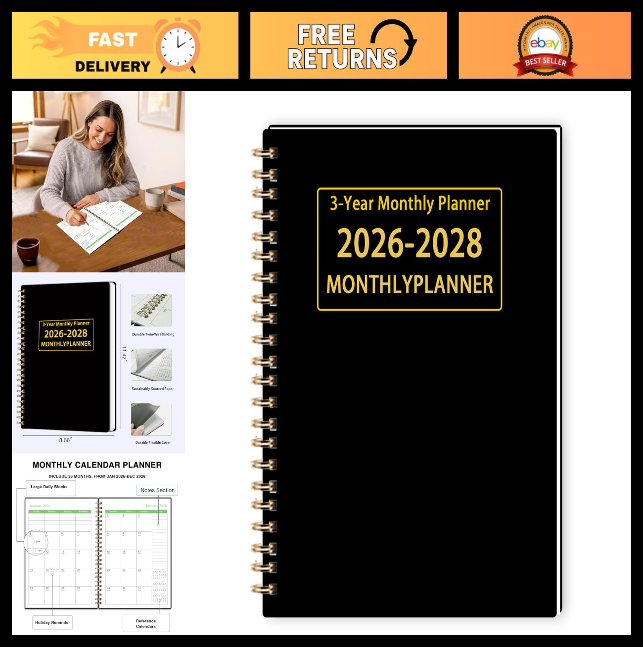 2026-2028 Monthly Planner – 3-Year Calendar, Twin-Wire Binding, Lined Notes