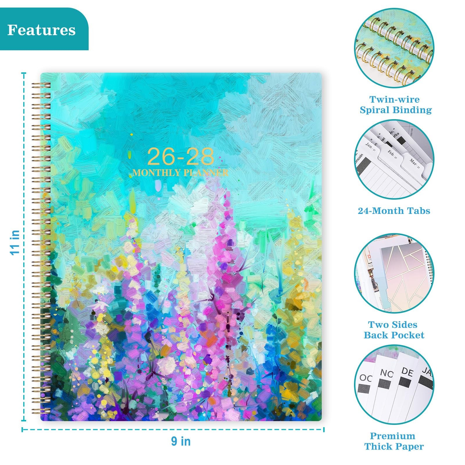 2026-2028 Monthly Planner – 2 Year 9″ x 11″, Colorful Lavender & Purple