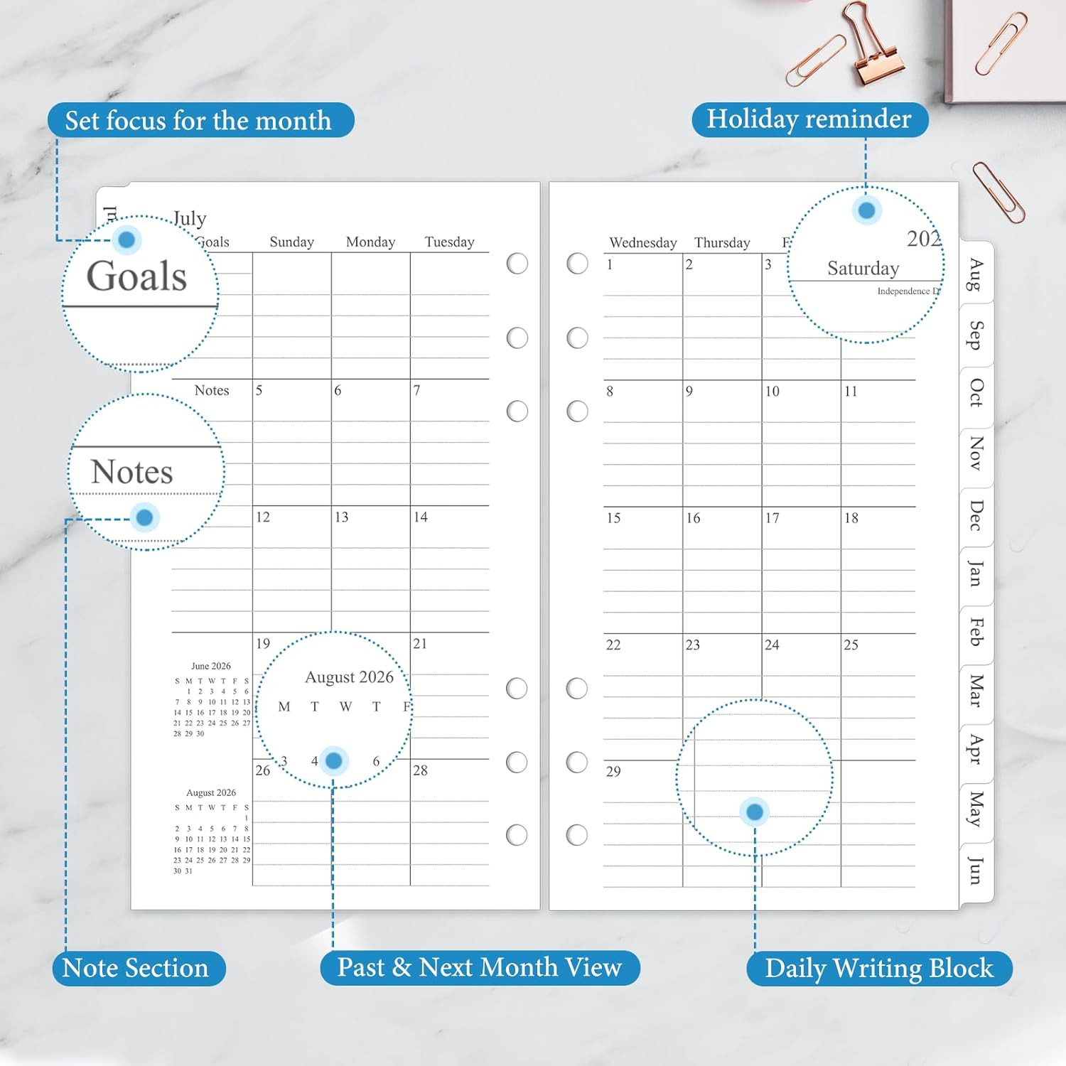 2026-2027 Monthly Planner Refill, A6 Small Size Planner Inserts for 6 Ring, 3.8″