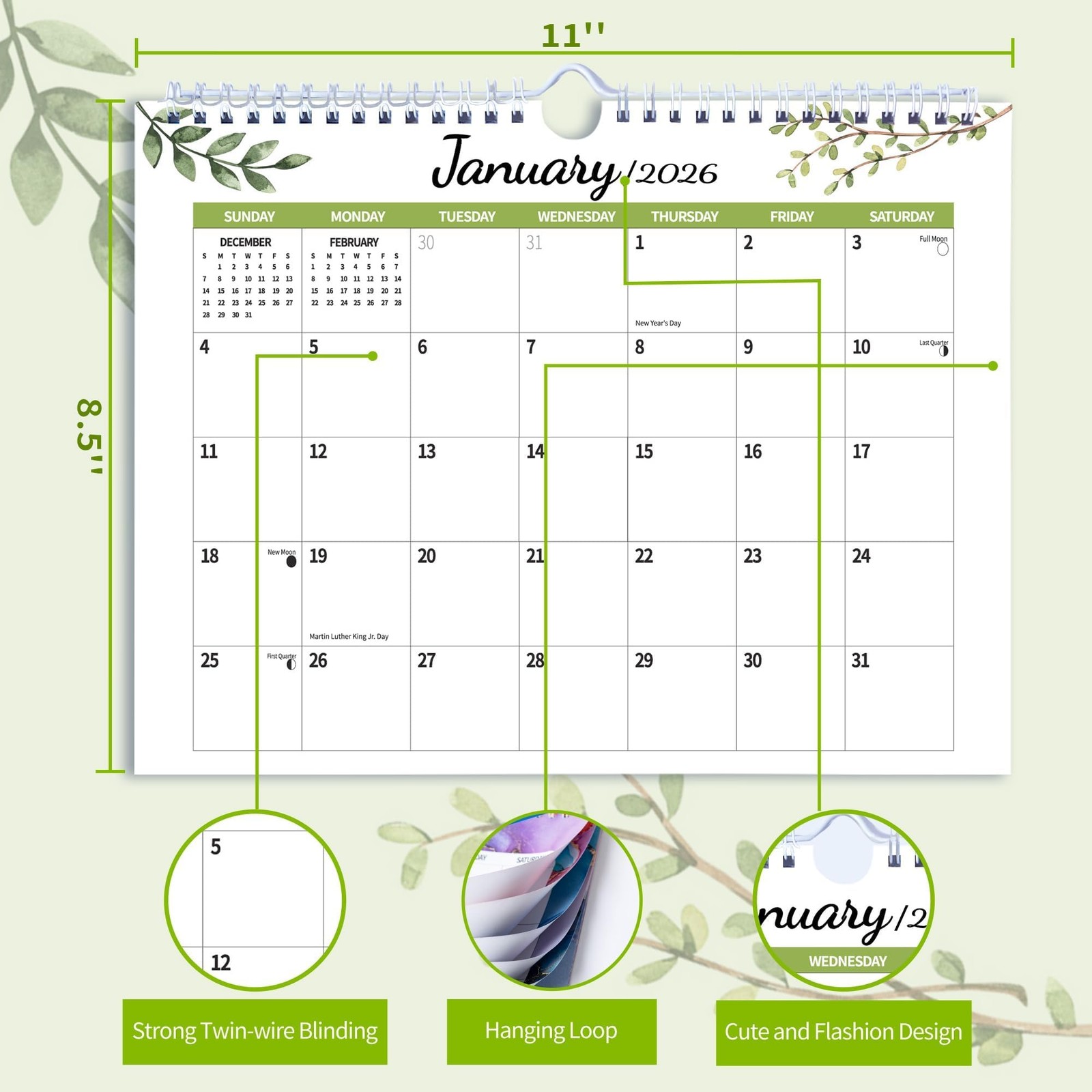 2026 Wall Calendar, Hanging Spiral Calendar 11″ x 8.5″, Leaves