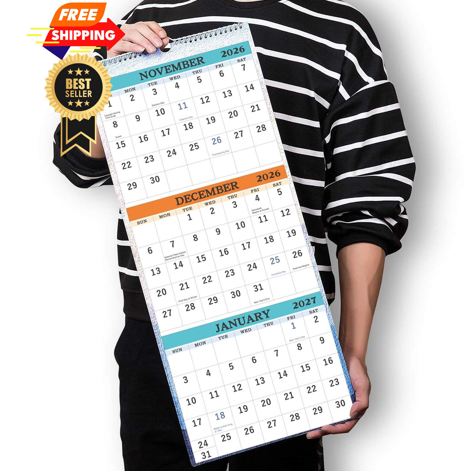 2026-2027 Wall Calendar – April 2026 – July 2027, 3-Month Large, White