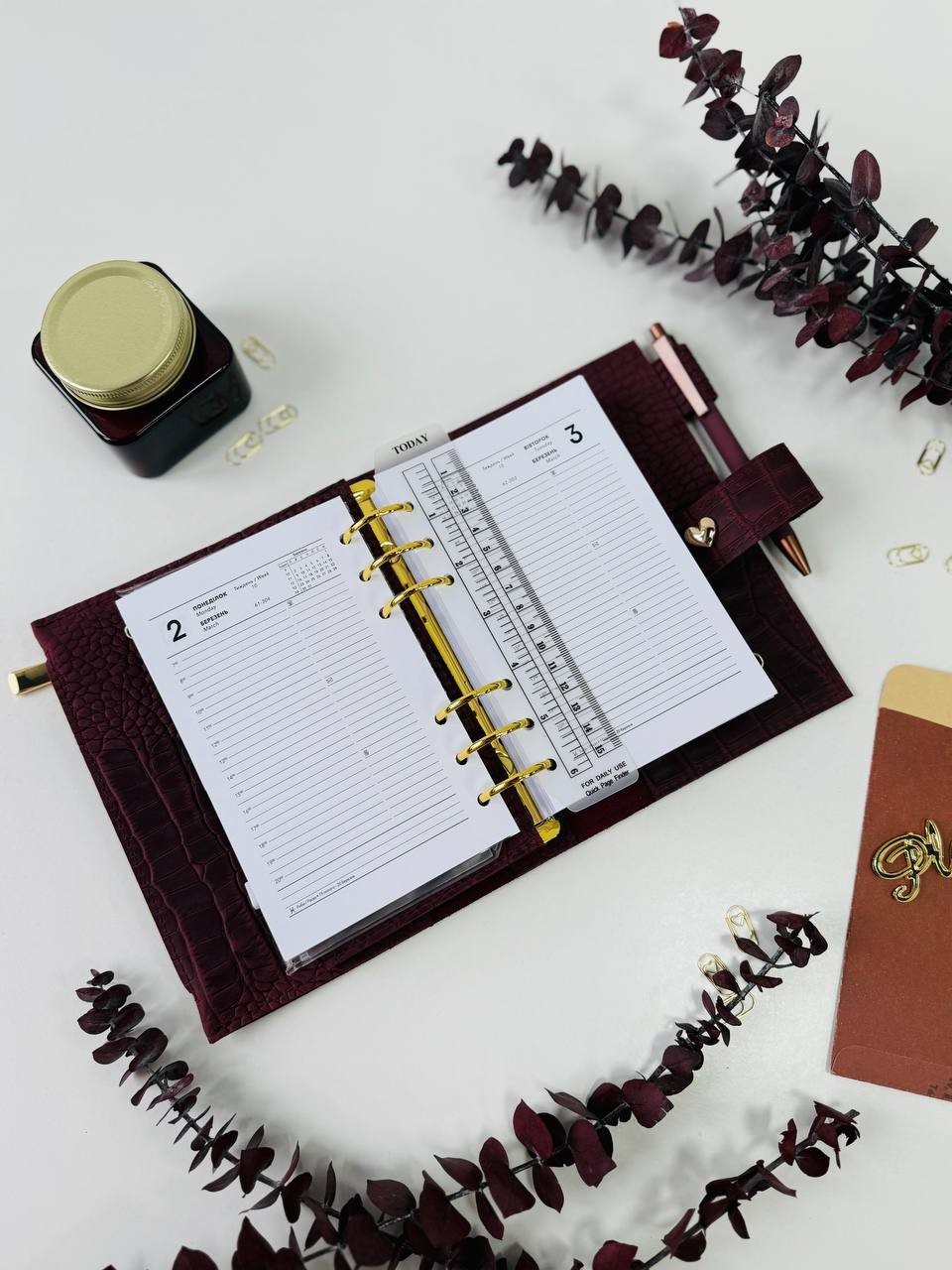 Burgundy A6 leather notebook cover binder 6-Rings. Dated planner gift for her.