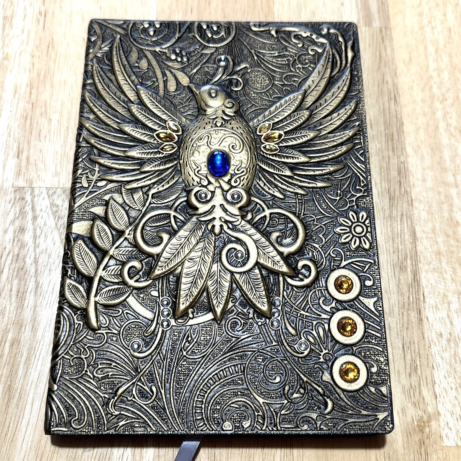 3D Phoenix Journal Vintage Retro Notebook 5.75×8.25 Jewels Bird Dyed Paper