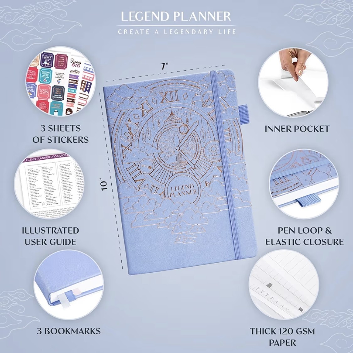 Legend Planner Pro Undated Weekly/Monthly Planner Periwinkle Gold Foil