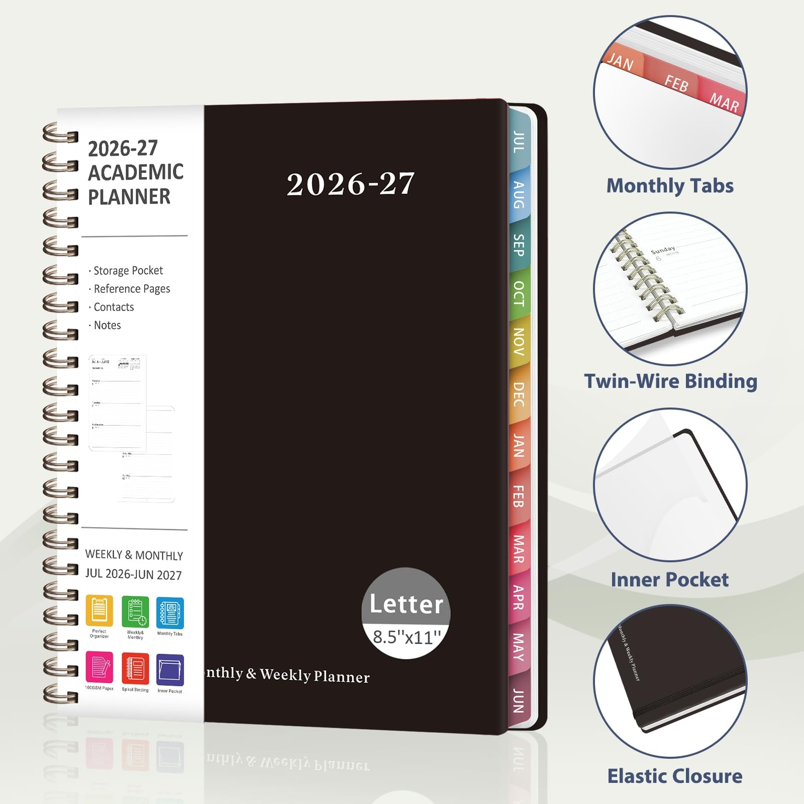 Planner 2026-2027, Weekly and Monthly 8.5″x11″(Jul 2026-Jun 2027), C-Black