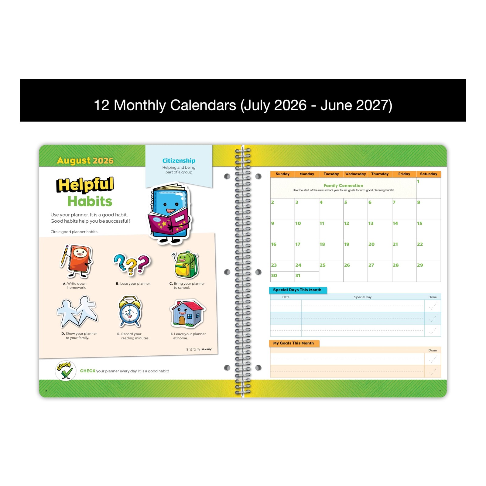 Academic Planner for Kids Ages 5-9, Primary Block Cover, 8.5″ x 11″, Green