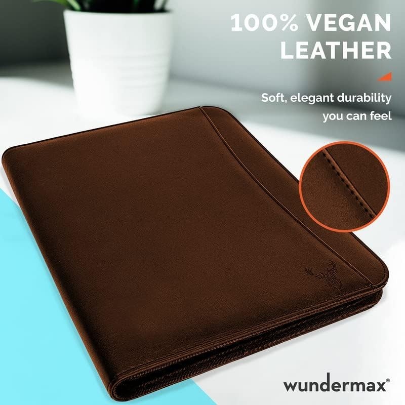 Wundermax Vegan Leather Portfolio Zipper Padfolio Organizer Notepad Tablet Brown