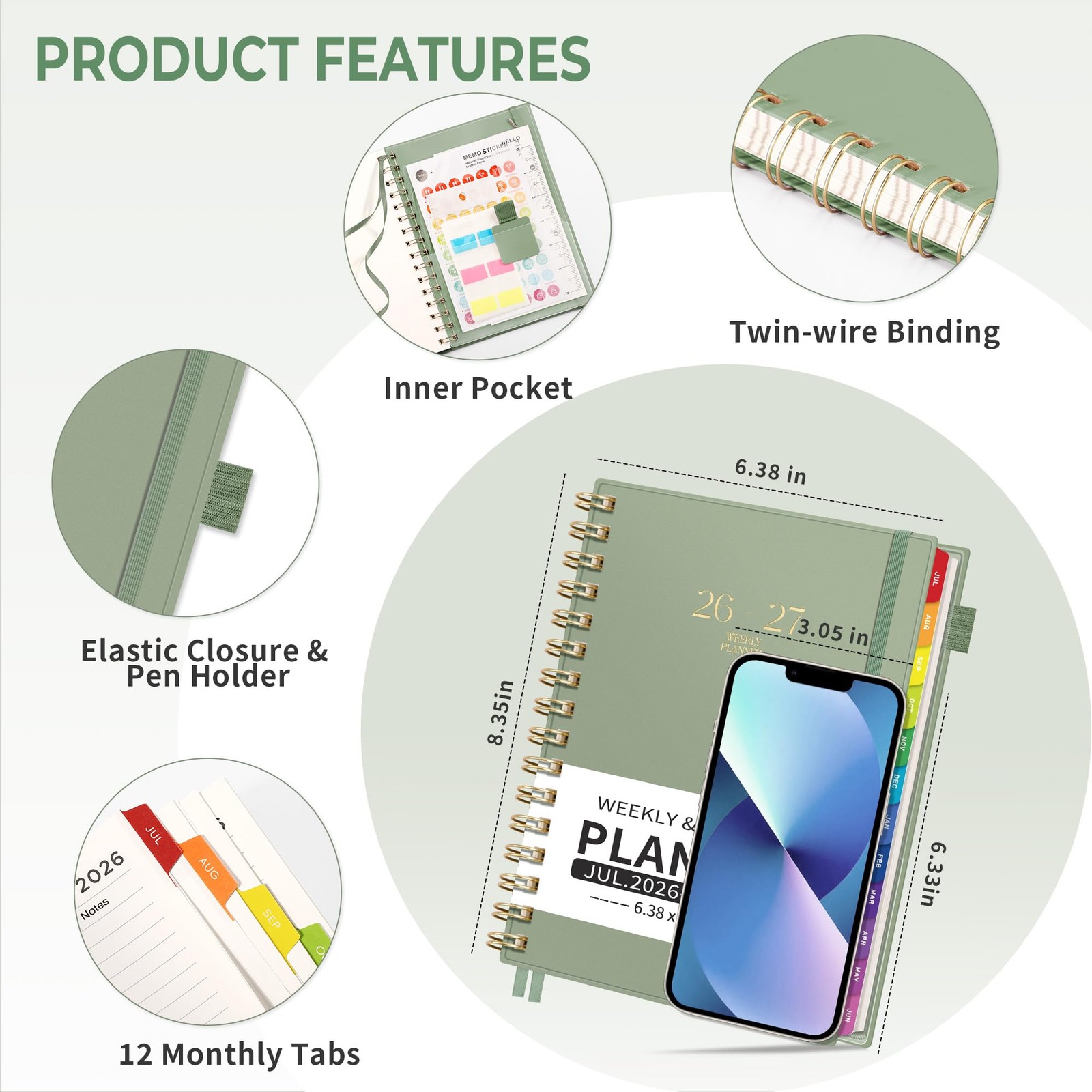 EMSHOI Academic Planner 2026-2027, Weekly and Monthly A5, Light Green