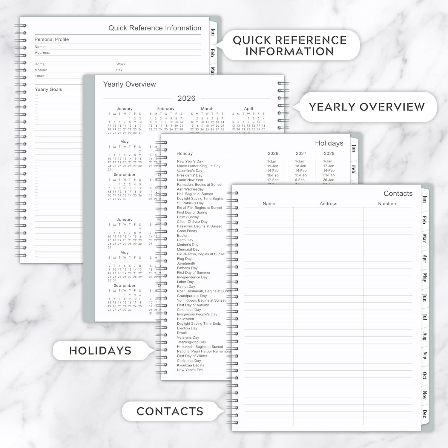 Spiral Bound 2026 Planner: 9″ x 11″ Monthly & Weekly Layout with Tabbed Sections