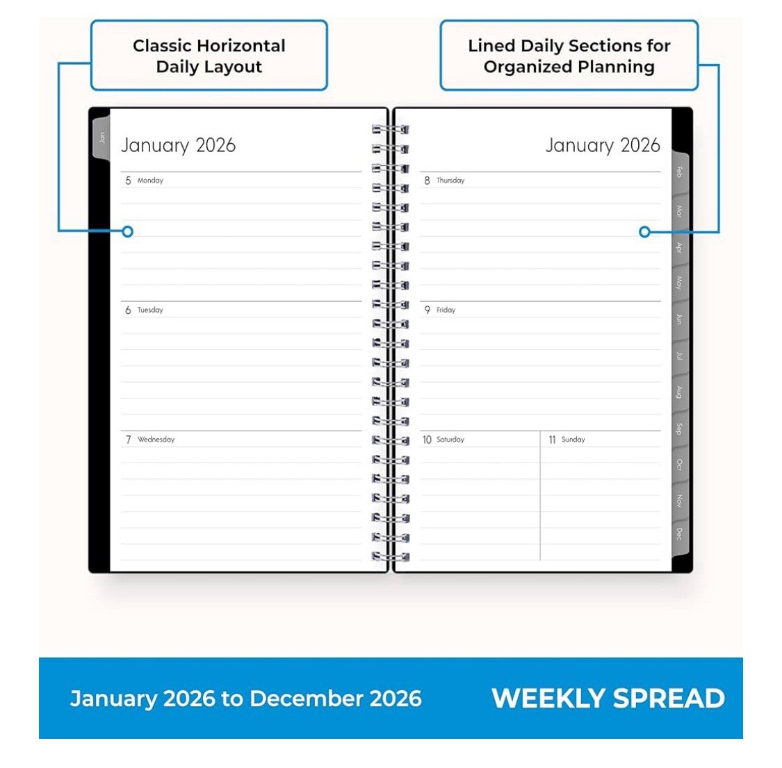 Blue Sky 2026 Weekly and Monthly Black Spiral Planner Calendar Jan-Dec 5″x 8″