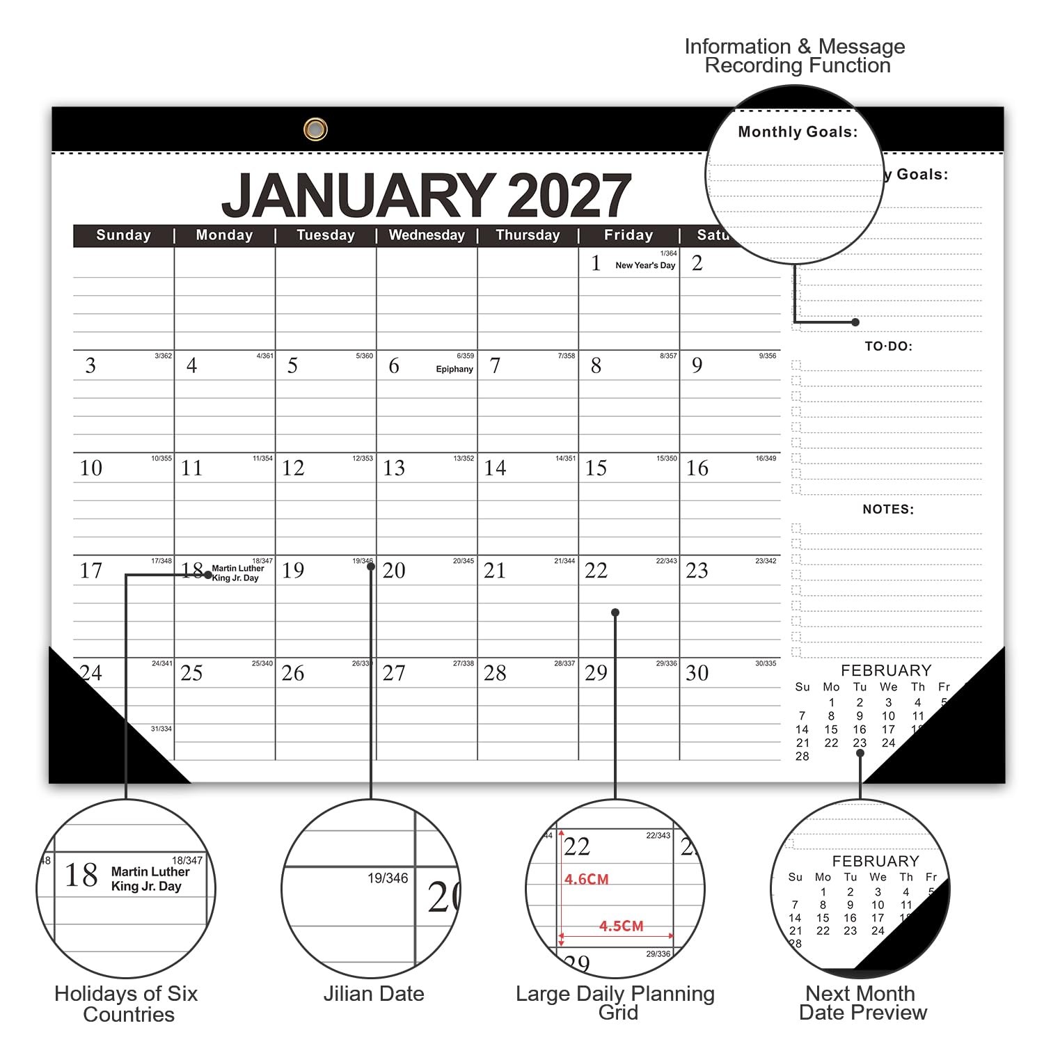 Kyweel 2026-2027 Desk Calendar, 18 Month 2026 Jan Classic Black