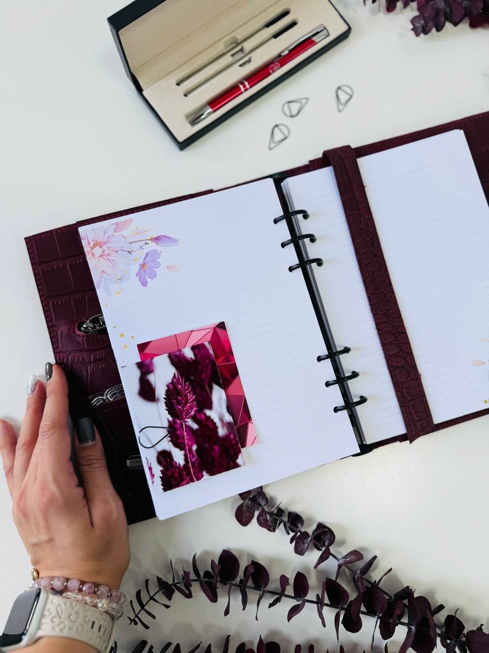 Burgundy Leather notebook cover A5 model 3in1 organizer.Lather planner binder.