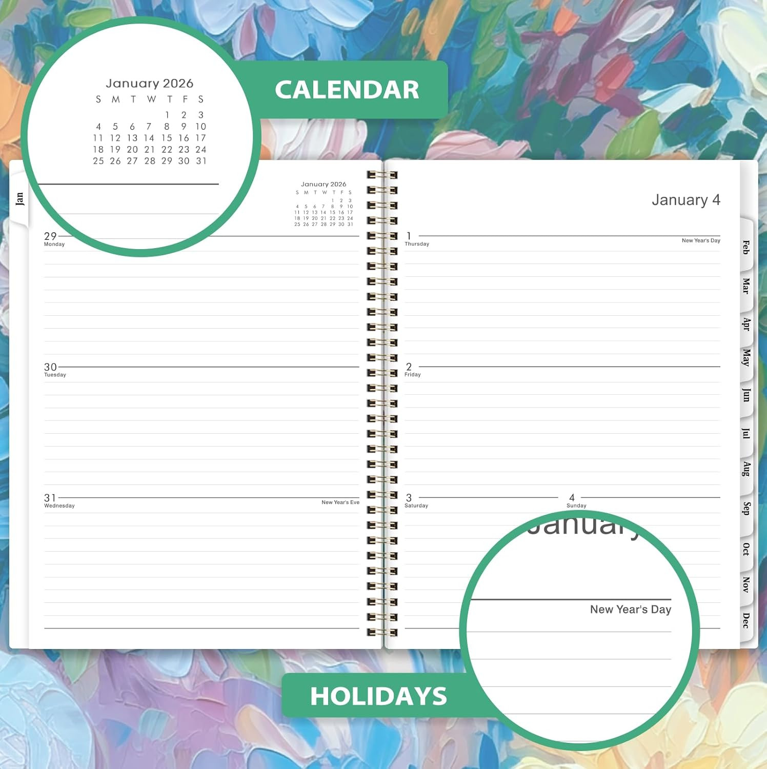 2026 Planner Daily Weekly Monthly 8.5×11 Colorful Tabs Floral Organizer