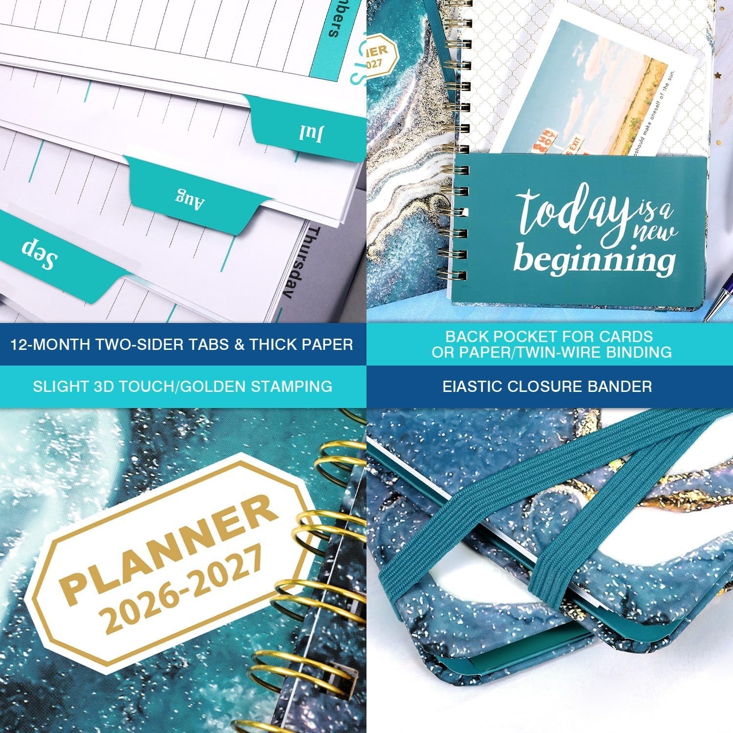 2026-2027 Academic Planner Blue 8.5×6.4 inches Weekly Monthly Tabs Elastic Band