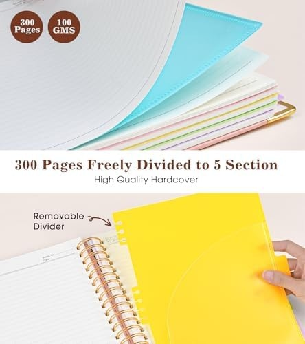 Hardcover Spiral Notebook with Removable Dividers Tabs, 300 pages Leather 5 S…