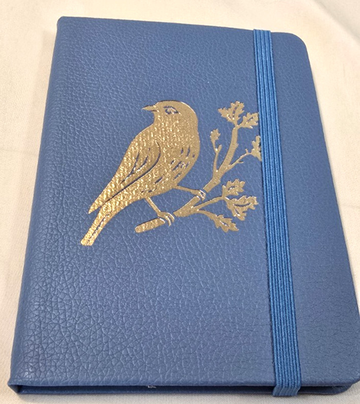 NEW Bird Hardcover Journal 80 Lined Pages 4″x 5.75″ w/ elastic band -Blue/ gold