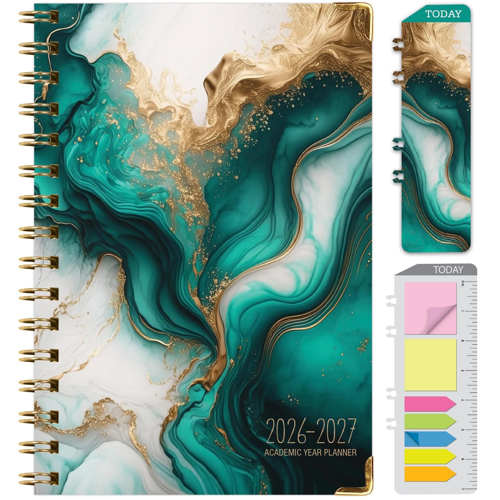 HARDCOVER Academic Year 2026-2027 Planner: 14 5.5″ x 8″, Teal Gold Marble