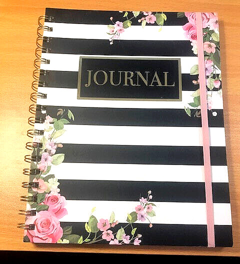 Lovely, Flowery Black & White Striped Journal Pink Elastic Band Closure~Book NEW