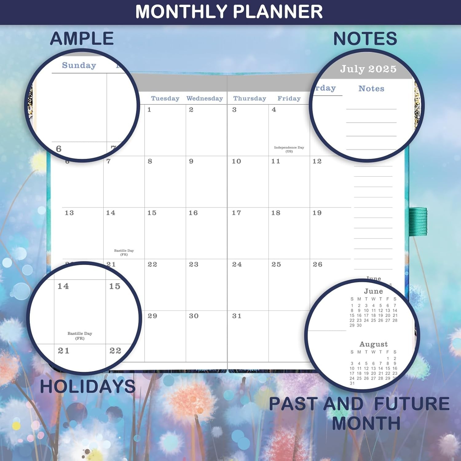 Stylish Blue Floral Pocket Calendar 3 : July 2025 – June 2028 Organizer