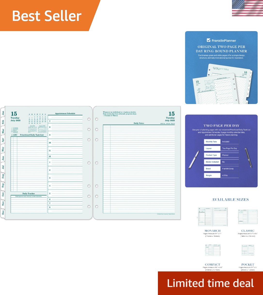 Elegant Ring-Bound Planner: Jul 2025 – Jun 2026, Two Pages Per Day, Monarch Size