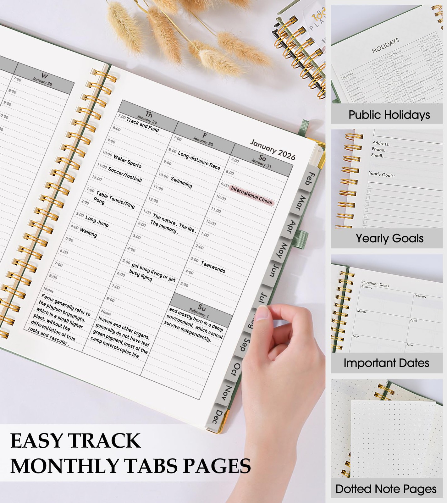 2026 Planner, Weekly and Monthly Calendar A4 (Jan 2026 – Dec 2026), Green