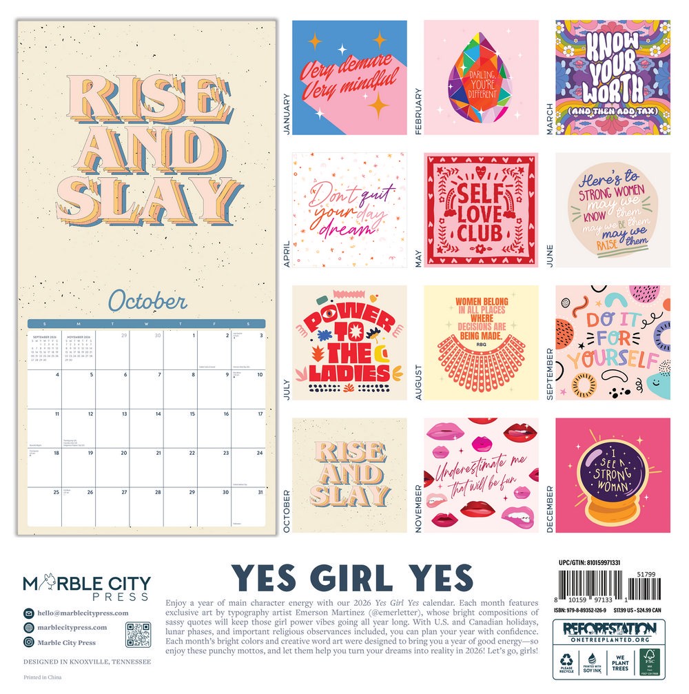Yes Girl Yes Calendar 2026 | 12″ x 24″ 12 Month Calendar | Marble City Press