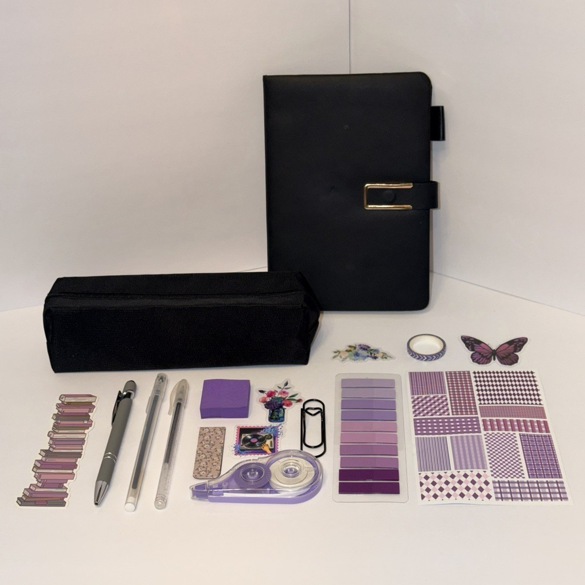 Black Journal with Black and Purple various stationary 17 piece Lot